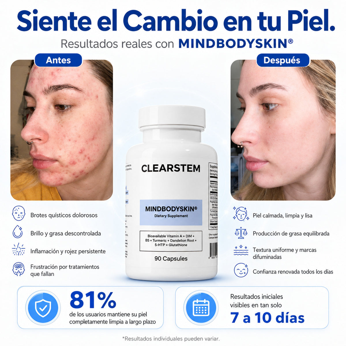 CLEARSTEM Mindbodyskin® Reduce al Acne en 30 dias natural