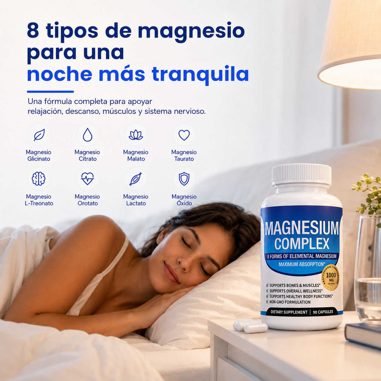 Magnesio Complex 8 en 1, 1000mg fácil absorción 90 cápsulas.