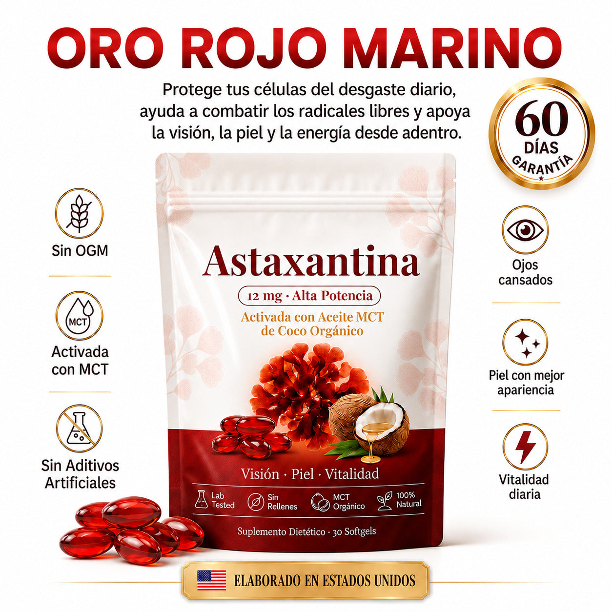 Astaxantina Natural 12mg Cuida ojos, piel y articulaciones desde adentro