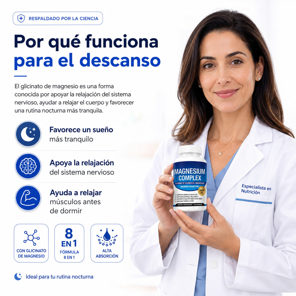 Magnesio Complex 8 en 1, 1000mg fácil absorción 90 cápsulas.