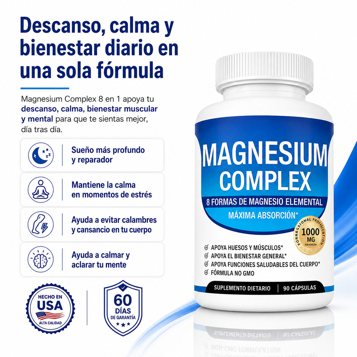 Magnesio Complex 8 en 1, 1000mg fácil absorción 90 cápsulas.